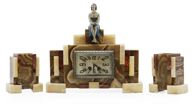 Lot 205 - An Art Deco marble and onyx clock garniture