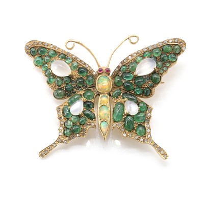 Lot 267 - An emerald, opal, moonstone, ruby and diamond butterfly brooch