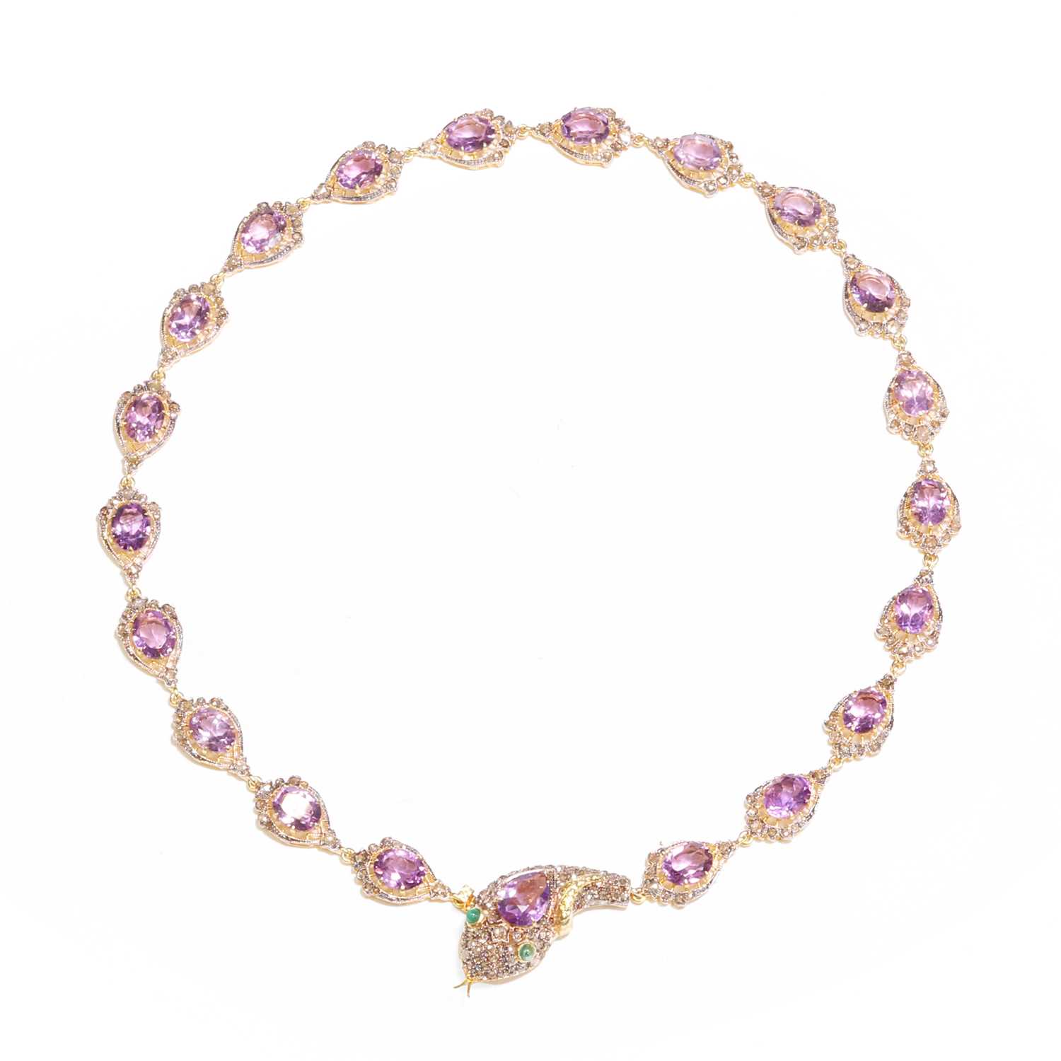 Lot 264 - An amethyst and rose cut diamond snake necklace