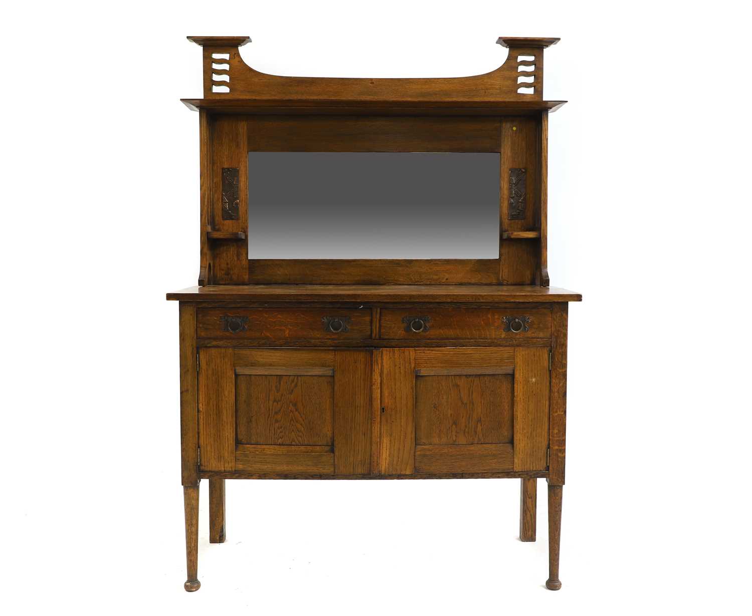 Lot 621 - An Art and Crafts oak mirror back cabinet sideboard