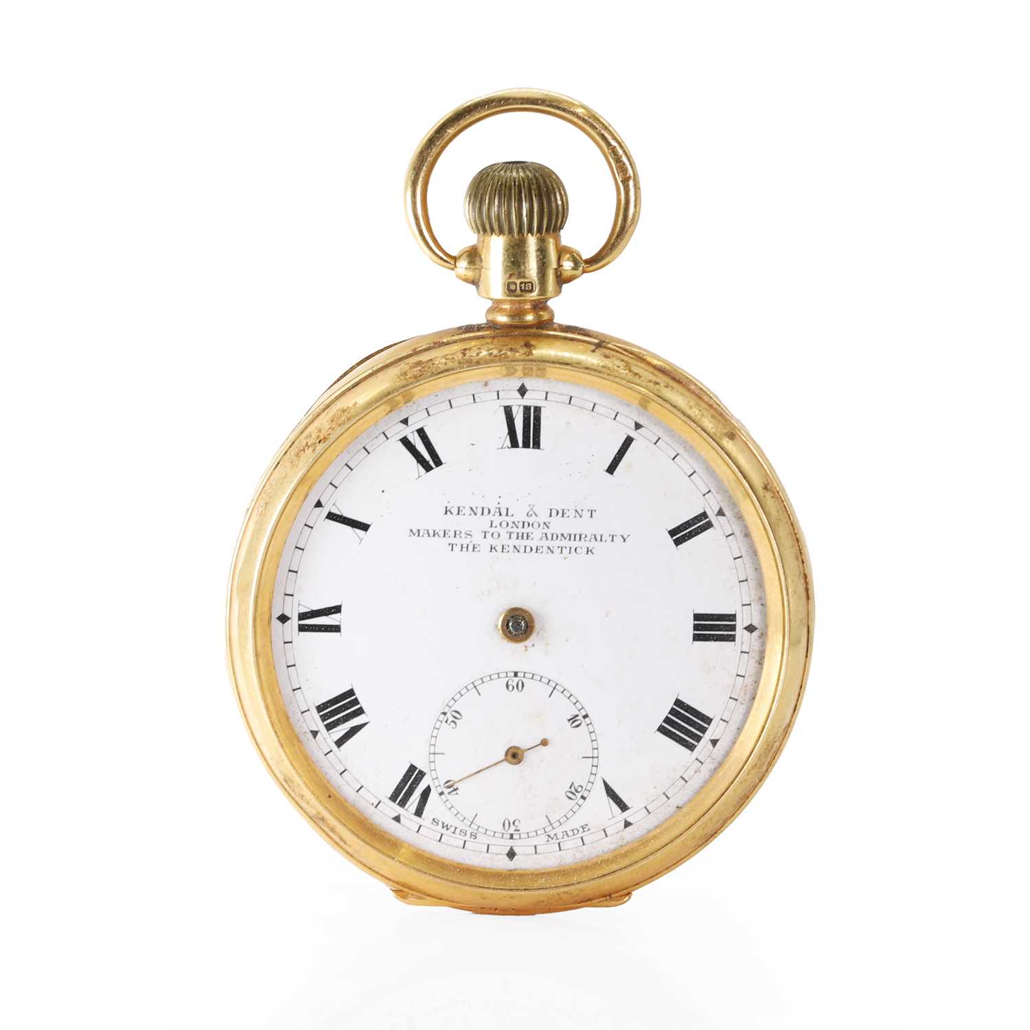 Lot 403 - An 18ct gold top wind open faced pocket watch, by Kendal & Dent