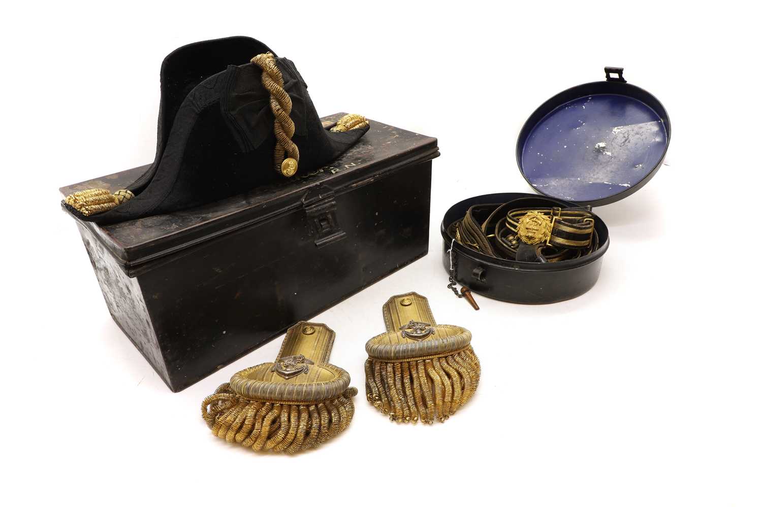 Lot 186 - A British Royal Naval officer's bicorn hat and epaulettes
