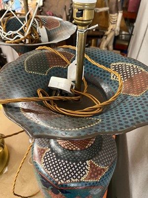 Lot 34 - A pair of polychrome cloisonné enamel lamps