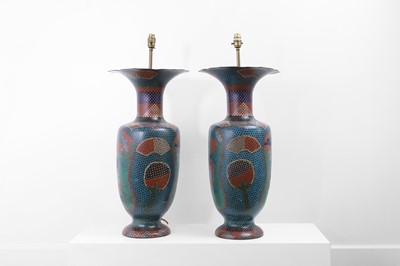 Lot 34 - A pair of polychrome cloisonné enamel lamps