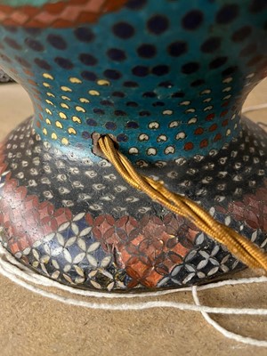 Lot 34 - A pair of polychrome cloisonné enamel lamps