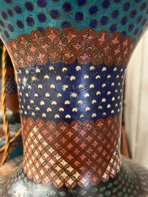 Lot 34 - A pair of polychrome cloisonné enamel lamps