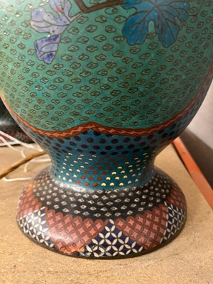 Lot 34 - A pair of polychrome cloisonné enamel lamps