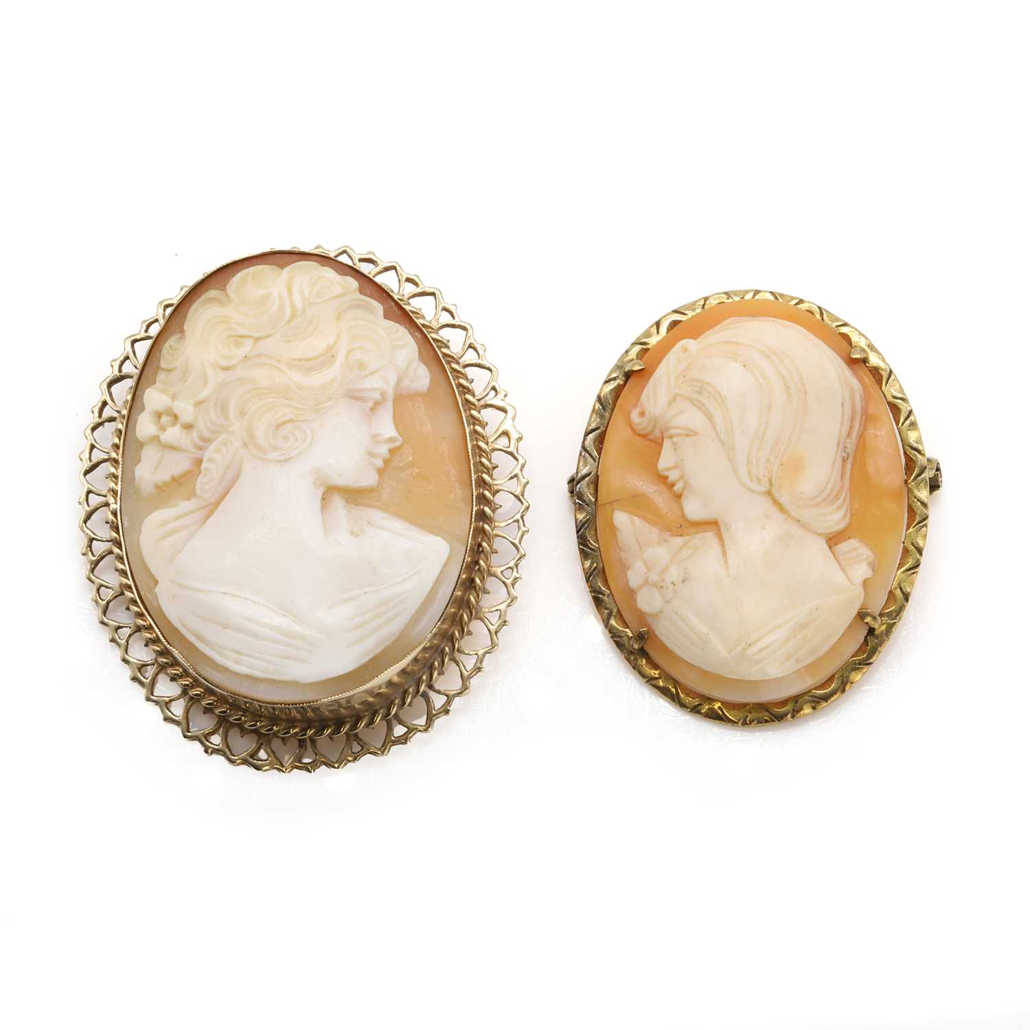 Lot 329 - Two 9ct gold shell cameo brooches