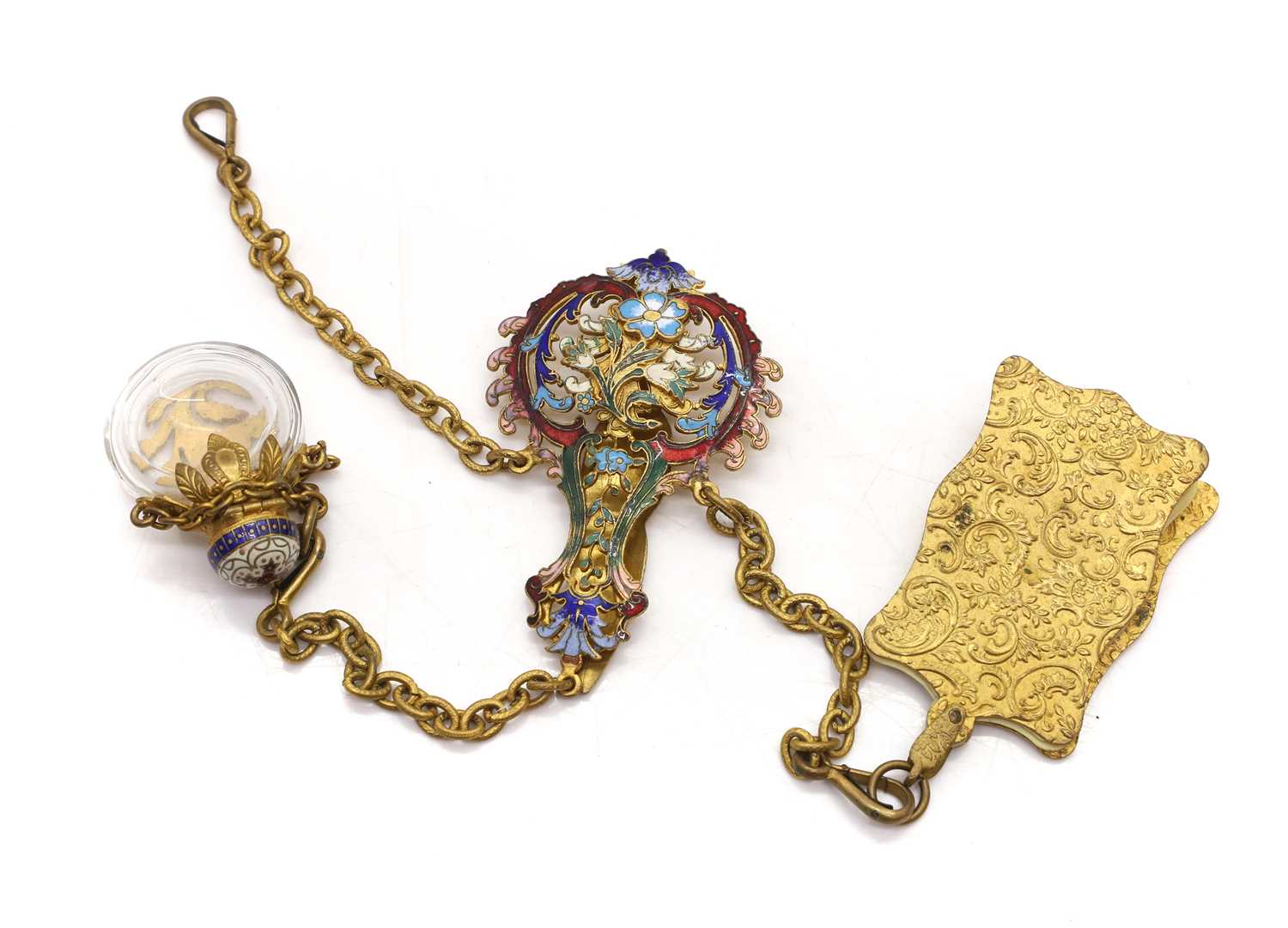 Lot 65 - A Victorian gilt and enamel chatelaine,