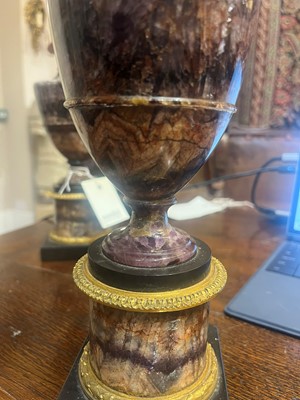 Lot 57 - A pair of George III Derbyshire fluorspar Blue John garniture urns