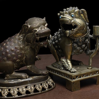 Lot 93 - Two Chinese brass Buddhist lions