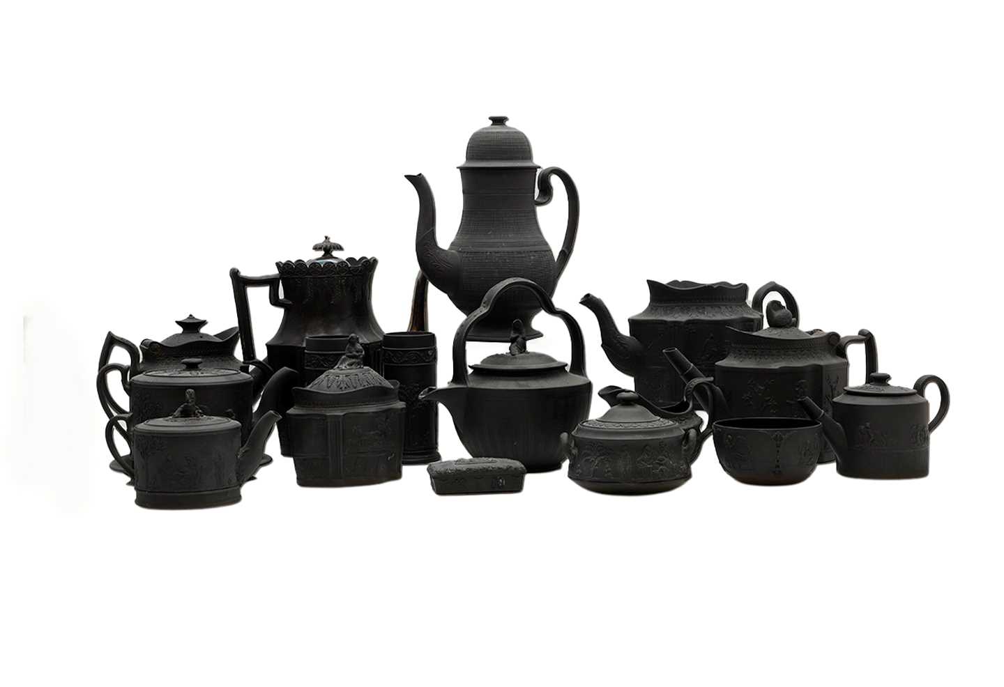 Lot 383 - A collection of Wedgwood black basalt teapots and tea wares