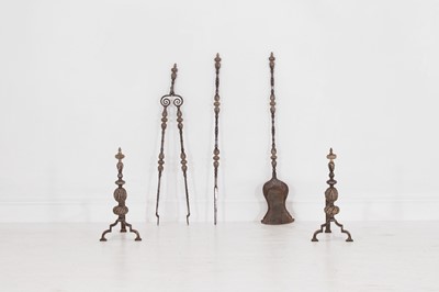 Lot 380 - A set of Charles II-style steel and silvered-metal fire tools