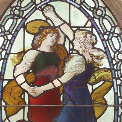 Lot 500 - A Pre-Raphaelite oval stained-glass window panel