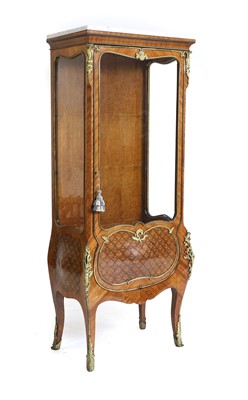 Lot 357 - A Louis XV style kingwood parquetry and marquetry bombe vitrine