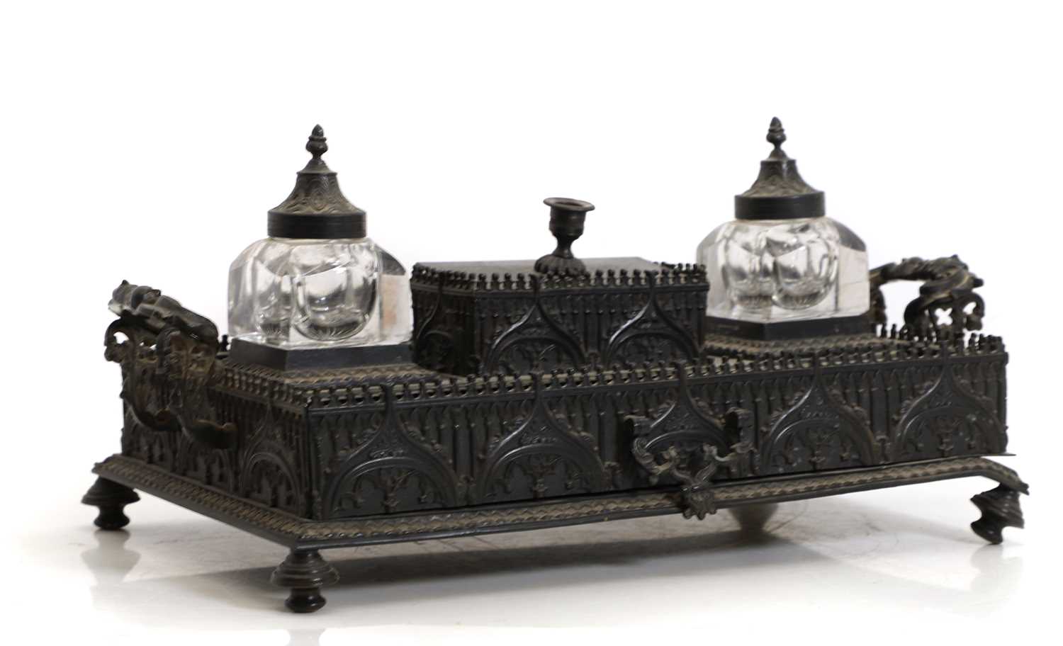 Lot 376 - A bronze Gothic Revival desk stand