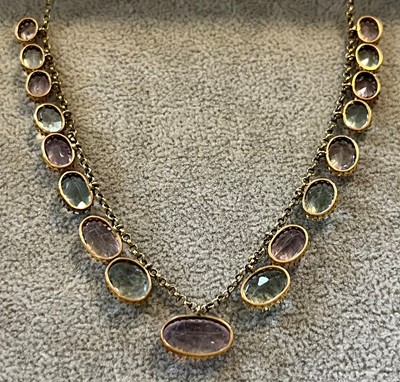 Lot 58 - A pink topaz and aquamarine fringe necklace, c.1900