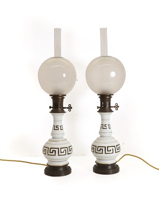 Lot 558 - A pair of Greek key patterned lamps