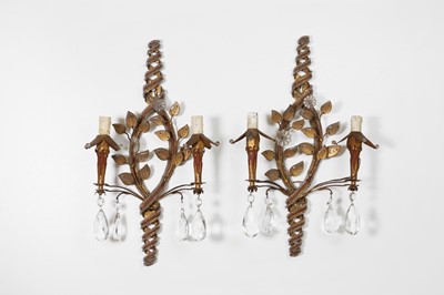 Lot 5 - A pair of gilt-metal and glass twin-branch wall lights
