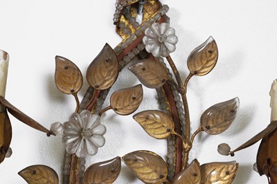 Lot 5 - A pair of gilt-metal and glass twin-branch wall lights