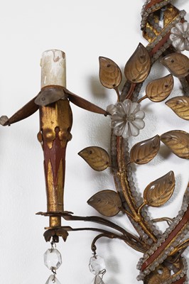 Lot 5 - A pair of gilt-metal and glass twin-branch wall lights