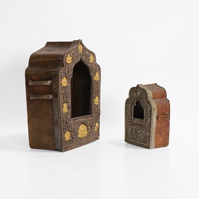 Lot 176 - Two Tibetan gilt, white-metal and copper travel shrines