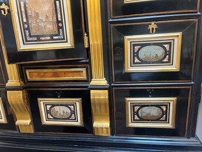 Lot 58 - A baroque ebonised fruitwood, pietra paesina, pietra dura and gilt-bronze-mounted cabinet on stand