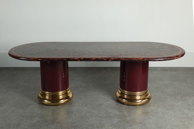 Lot 192 - A tessellated horn, crimson veneer and brass-mounted dining table