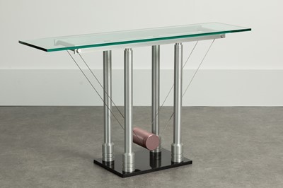 Lot 199 - A brushed steel and glass console table