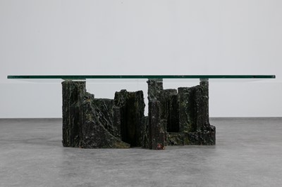 Lot 351 - A brutalist patinated-resin and glass coffee table