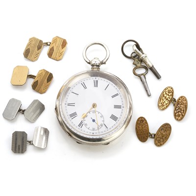 Lot 422 - A silver key wind open faced pocket watch and a group of cufflinks