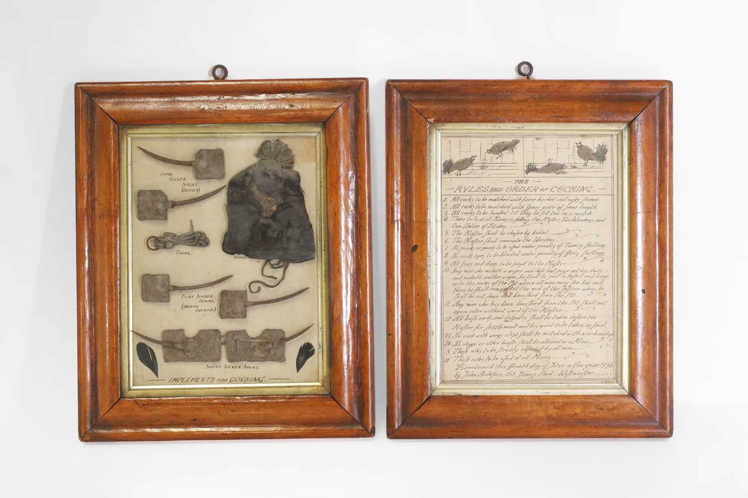 Lot 301 - A group of framed cockfighting implements