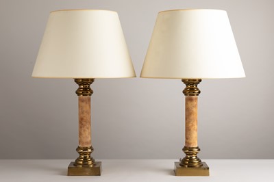 Lot 393 - A pair of faux snakeskin and brass column table lamps