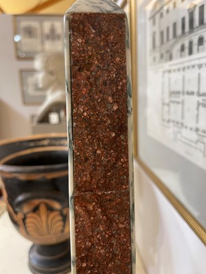 Lot 357 - A pair of grand tour porphyry and white marble obelisks