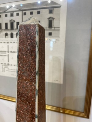 Lot 357 - A pair of grand tour porphyry and white marble obelisks