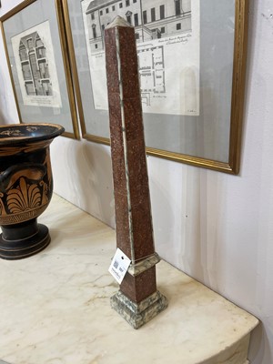 Lot 357 - A pair of grand tour porphyry and white marble obelisks