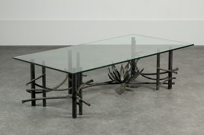 Lot 320 - A patinated wrought-iron and glass coﬀee table