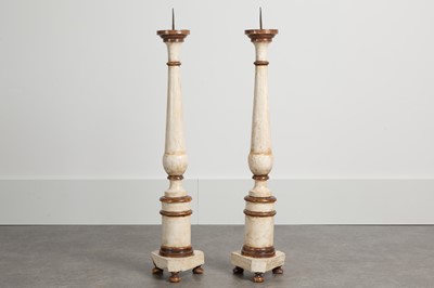 Lot 86 - A pair of painted wood pricket candlesticks