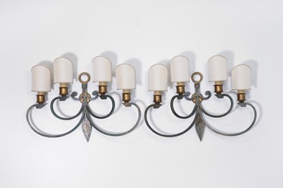 Lot 476 - A pair of toleware and parcel-gilt wall lights