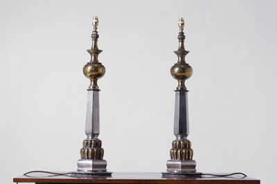 Lot 474 - A pair of large polished brass and steel table lamps