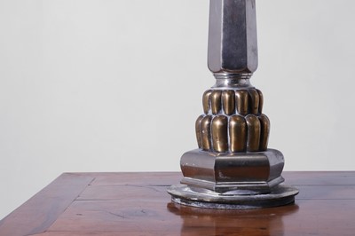 Lot 474 - A pair of large polished brass and steel table lamps