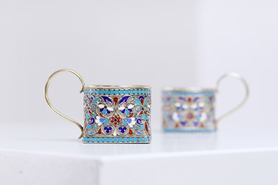 Lot 294 - A pair of silver and cloisonné vodka cups