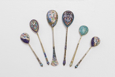 Lot 299 - A group of six silver-gilt and cloisonné spoons