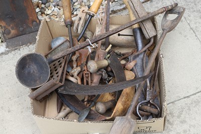 Lot 482 - A collection of grain shovels, two spades and a wash dolly