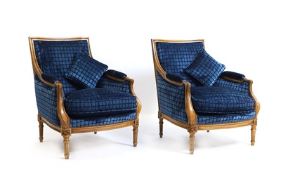 Lot 418 - A pair of Louis XVI style beech armchairs