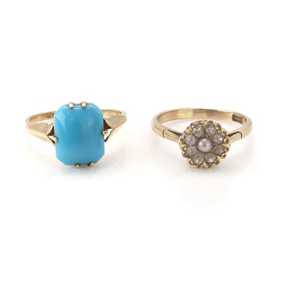 Lot 301 - A simulated turquoise ring together with a split pearl ring