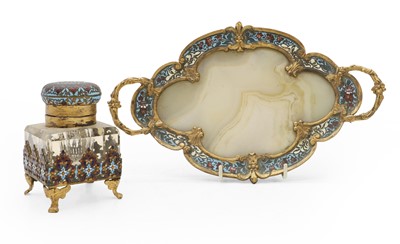 Lot 219 - A French green onyx and champleve tray