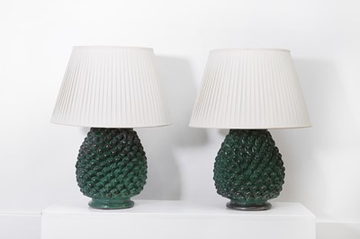 Lot 70 - A pair of glazed earthenware 'pine cone' table lamps