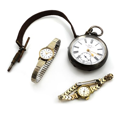 Lot 590 - Two Tissot bracelet watches and a silver open faced pocket watch