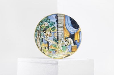 Lot An Urbino maiolica mythological istoriato plate